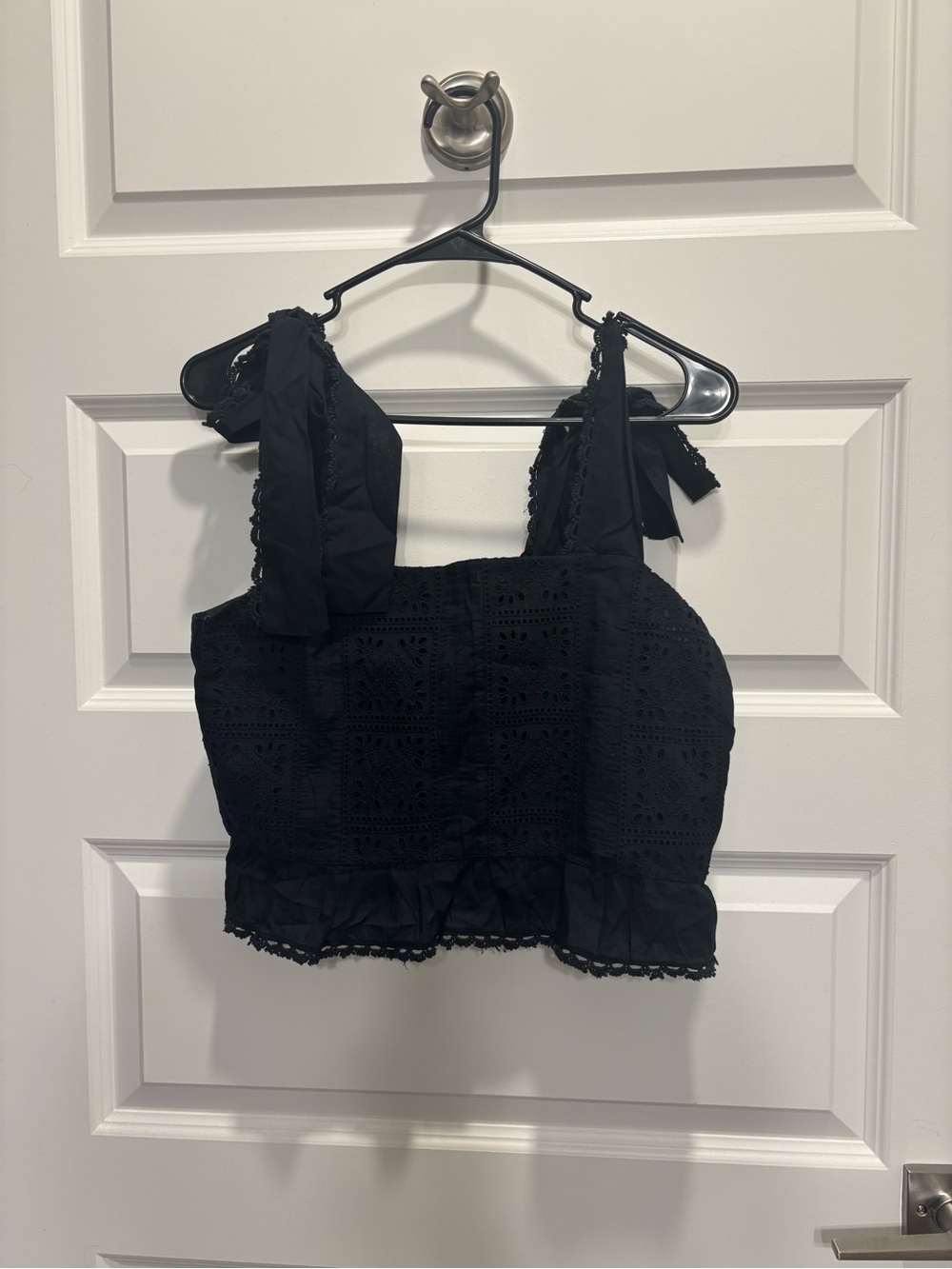 FARM Rio Black Eyelet Tie-Shoulder Crop Top